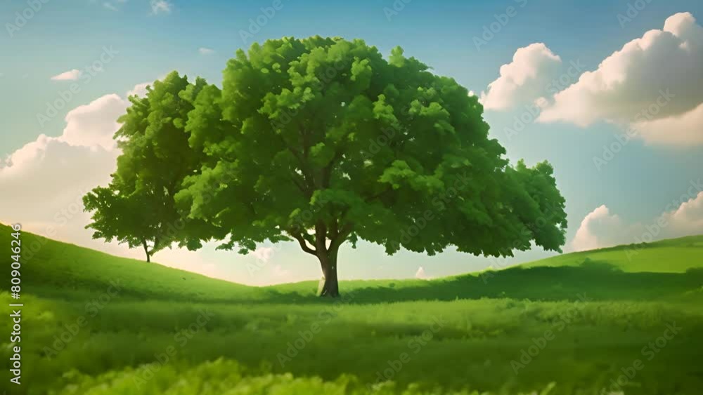 Poster towering green tree in lush field generative ai