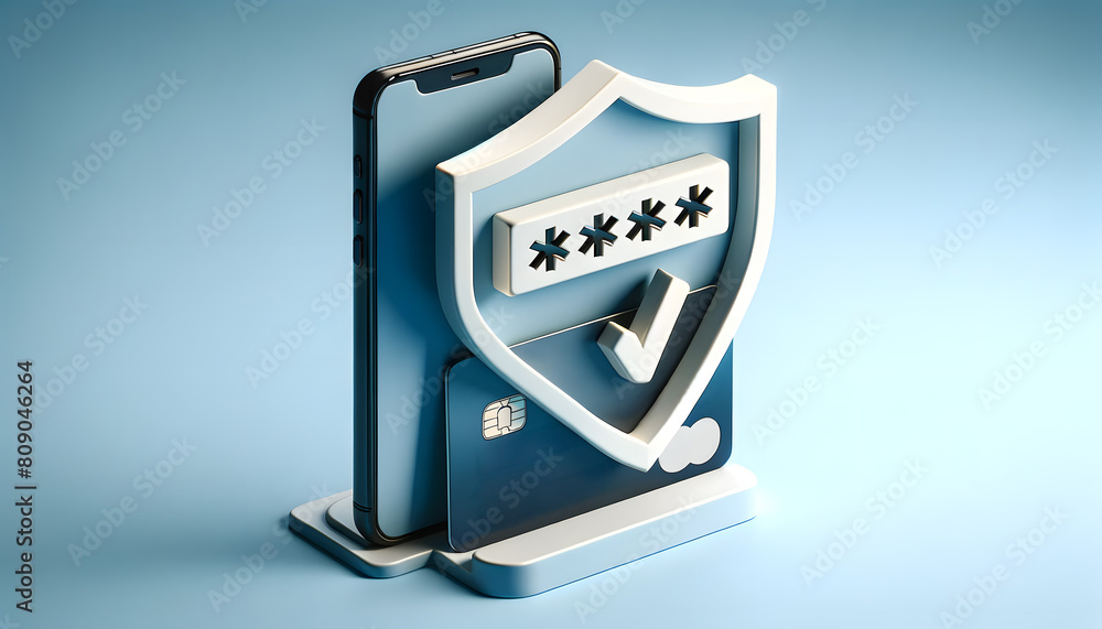 Poster a modern smartphone displaying a secure password input screen, with a large shield icon for security