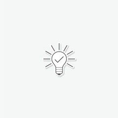 Line light bulb with tick icon sticker isolated on gray background