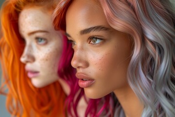 Featuring two women, one with vibrant pink hair and the other with orange hair in a close-up portrait