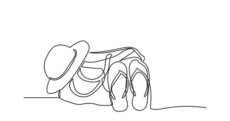 Single continuous line drawing of women's summer bag with beach accessories.beach bag, sun cream, towel, slippers’Beach hat, sunglasses . illustration for poster, banner, flyer

