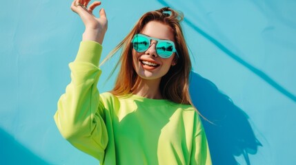Woman Smiling in Neon Sunglasses.