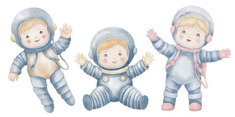 Cosmonaut watercolor illustration. Hand drawn Astronaut in a Space on isolated background. Drawing of girl and boy Spaceman for Baby shower greeting cards or birthday invitation pastel colors.