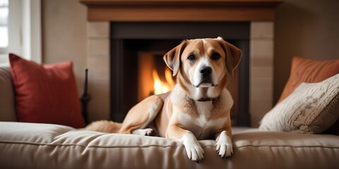 A dog sitting on a couch in front of a fireplace with a warm, cozy atmosphere