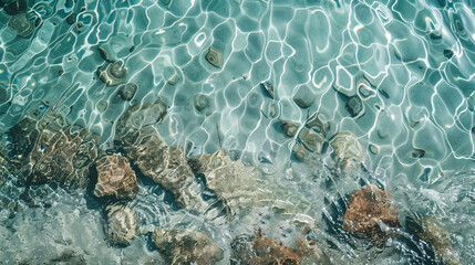 Clear water surface background. Transparent blue wavy water with several rock underwater.