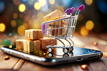 Shopping trolley cart and gift box present stack on mobile smartphone Online e-commerce store internet digital sale concept poly illustration