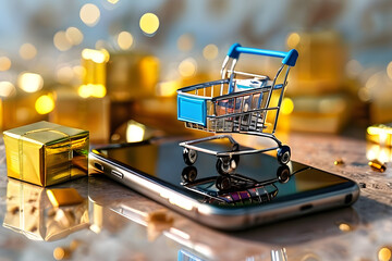 Shopping cart on a mobile smartphone with gift boxes Online e-commerce store internet digital sale concept poly illustration	