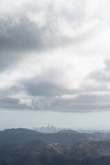 Distant view of the skyline of San Francisco as seen from atop a mountain in the Marin Headlands, northern California.