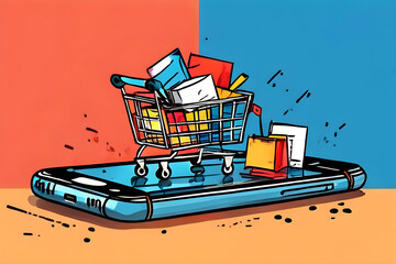 Shopping trolley cart with goods on a mobile smartphone Online e-commerce store internet digital sale concept cartoon illustration	