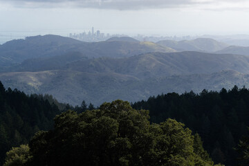 Distant view of the skyline of San Francisco as seen from atop a mountain in the Marin Headlands, northern California.
