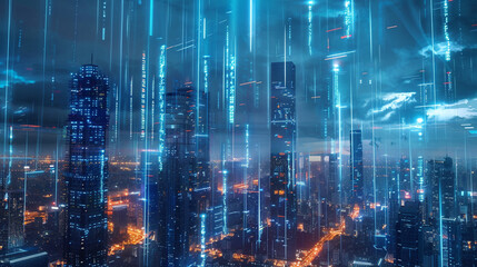 Fototapeta premium Futuristic cityscape at night with neon lights, depicting a large, mysterious curtain being pulled back to reveal hidden advanced AI technology and data streams. 