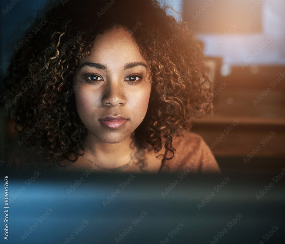 Poster Computer, face and night with black woman programmer in office for web development deadline. Code, programming and software with confident coder in workplace for cyber security of computer system