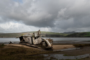 Shipwreck of the S.S. Point Reyes on a beach along Tomales Bay in northern California.
