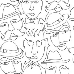 Seamless Pattern with Men Faces One Line. Abstract Minimalist Art sketch vector illustration