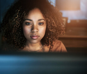 Computer, face and night with black woman programmer in office for web development deadline. Code,...