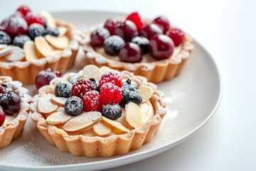 Delicate Almond Cream Fruit Tartelettes with Fresh Berries and Sliced Almonds