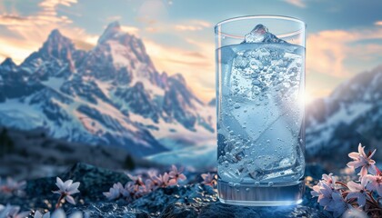 A glass of water is sitting on a rock in front of a mountain range by AI generated image