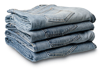 Stack of folded aged blue denim jeans
