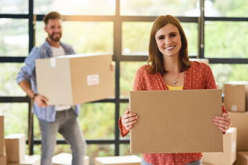 Moving, boxes and excited couple in portrait with happiness for property, investment and...