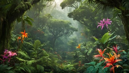 A tropical rainforest with lush foliage in shades upscaled 3