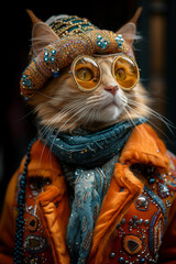 The Profile of A Cat Dressed in Extravagant, Overly Ornate Attire Against A Single-Color Background