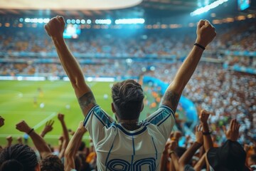 Back-view of a soccer fan raising his arms in triumph among a stadium crowd, celebrating a team's success
