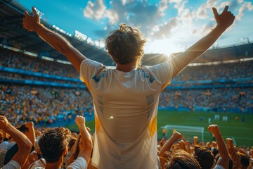 A man with raised hands celebrating a victorious moment at a crowded sports stadium, exuding excitement and triumph