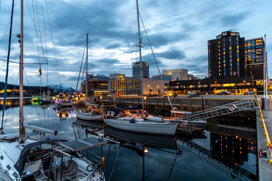 Evening shot in the harbor of the town of Bodo in the Norwegian municipality of the same name, Bod&oslash; in the province of Nordland, Norway