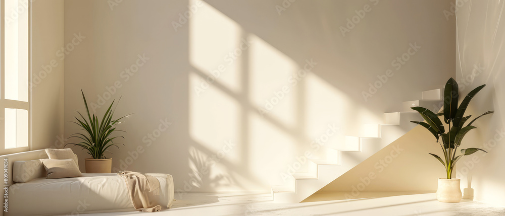 Wall mural modern, contemporary bedroom interior mockup with furniture, lamp, decor. sunlight shadow effect. lu