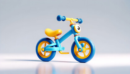 3D Animated Children's Balance Bike with Pedals: Blue and Yellow, Children's Balance Bike 3D Animation: Blue Frame with Yellow Wheels
