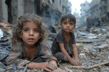 Two young children sitting on the ground with a bleak backdrop of destruction and rubble