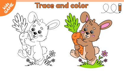 Kids educational Easter game Tracing lines. Cartoon farm rabbit carrying big carrot. Cute hare brings carrot. Trace and color. Handwriting practice worksheet for children. Contour vector illustration.
