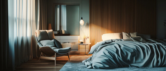 Modern, contemporary bedroom interior mockup with furniture, lamp, decor. Sunlight shadow effect. Luxury apartment for sleeping, rest. Generative ai