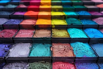 A vibrant image showcasing a variety of eyeshadow shades in a palette, capturing the texture and rich colors