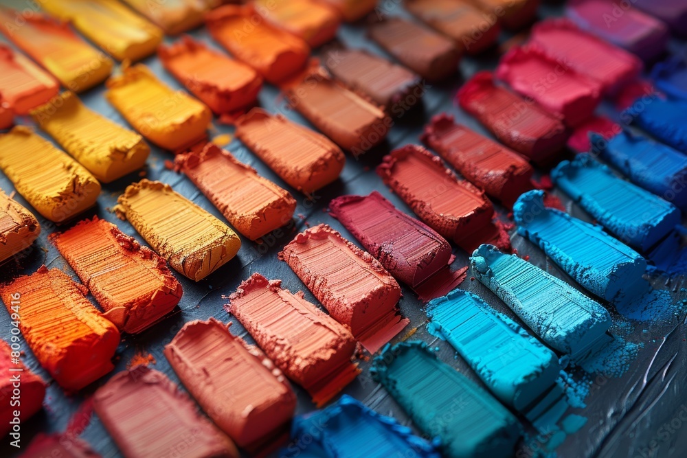 Poster rows of oil pastel crayons arranged in a color gradient from yellows to blues, creating a vivid artw