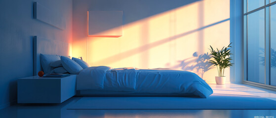 Modern, contemporary bedroom interior mockup with furniture, lamp, decor. Sunlight shadow effect. Luxury apartment for sleeping, rest. Generative ai