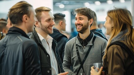 Obraz premium Joyful business professionals engage in lively conversation and laughter as they stand in front of their booth, exuding camaraderie and enthusiasm amidst the exhibition.