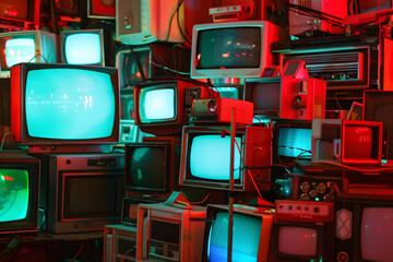 vibrant display of numerous vintage televisions stacked together with glowing screens