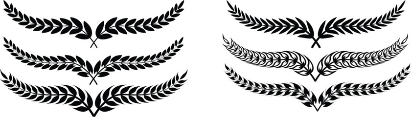 Laurel wreath in black color. Simple olive or wheat branch emblems in vector