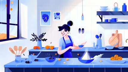 Joyous woman effortlessly mixing ingredients in a bustling kitchen