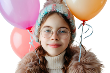 portrait of teen girl wearing fur coat, ear warmers and glasses, holding birthday balloons for party on isolated transparent background