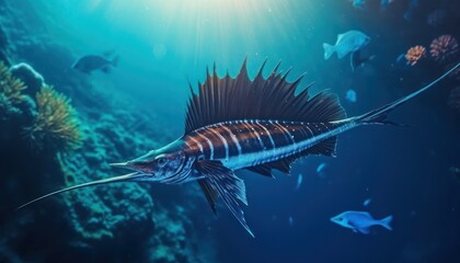 Fototapeta premium Giant Marlin fish in the ocean, beautiful view of marlin fish in the blue ocean