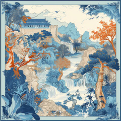 Traditional East Asian-Inspired Landscape with Waterfalls and Mountains

