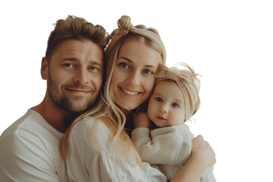 Photo of adorable family portrait people cuddle small daughter take selfie on isolated transparent background