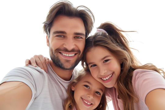 Photo of adorable family portrait people cuddle small daughter take selfie on isolated transparent background