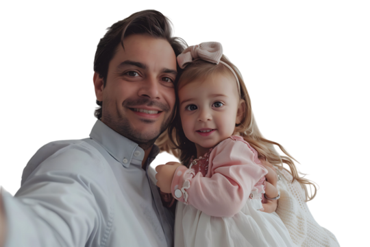 Photo of adorable family portrait people cuddle small daughter take selfie on isolated transparent background