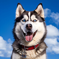 Fototapeta premium siberian husky on blue sky background,The dog of breed husky with multicolored eyes. A dog with an orange collar against the background of snow-capped Alpine mountains and clear blue sky looks towards