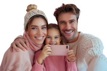 Photo of adorable family portrait people cuddle small daughter take selfie on isolated transparent background
