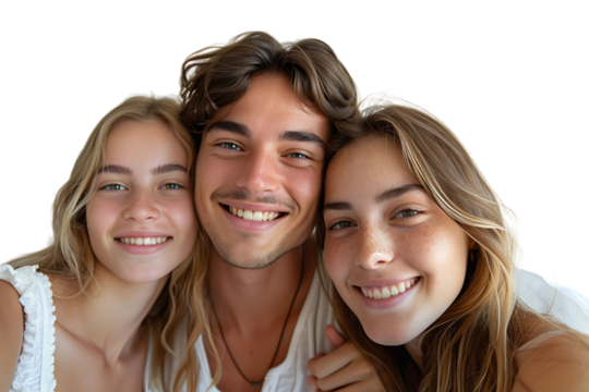 Photo of adorable family portrait people cuddle small daughter take selfie on isolated transparent background