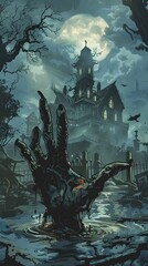 Fototapeta premium Haunting Mansion Looming in the Eerie Moonlit Swamp of the Enchanting Dark Fantasy Landscape